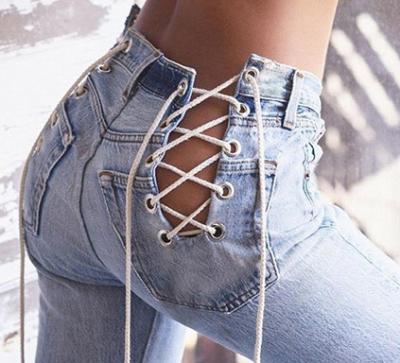 China High Waist Hollow Strap QUICK DRY Women Ripped Denim Pants Fashion Women Jeans Clubwear Long Blue Denim Outfits Women for sale