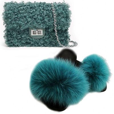 China Vintage Women Summer Solid 100% Fox Fur Slippers Women's Fashion Fluffy Fox Fur Slippers Lady Plush Chained Bags Drop Shipping for sale