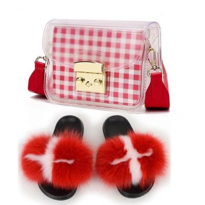 China Vintage Ladies Fluffy Fur Slippers Cute Candy Cross - Jelly Fluffy Hairy Female Body Purse Women Fox Fur Slides Cross Bags Shoes Sets for sale