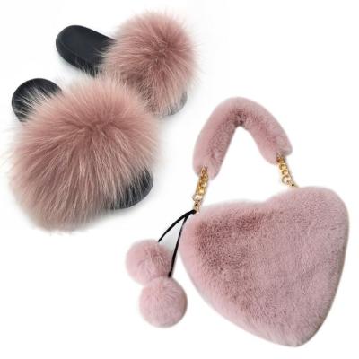 China Vintage Ladies Summer Fashion Real Fox Fur Slippers With Bags /Luxury Slippers Women Soft Fur Slides Brand Slippers for sale