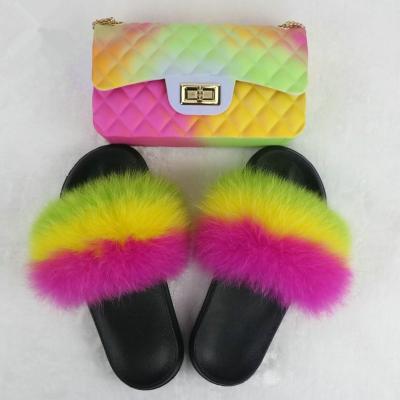 China Vintage Shoes Matte Colorful Jelly Bags Multicolor Womens Fox Fur Slippers Fluffy Flip Flops Slippers Sets Women Fur Slides Woman for sale