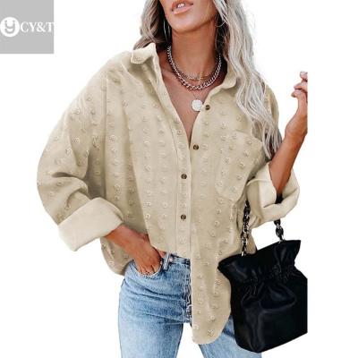 China Long Sleeve Anti-pilling Solid Color Chiffon Jacquard Lapel Blouse Tops 2021 New Autumn Turn-Down Collar Shirt Women With Button For Women for sale