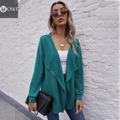 China 2021 Autumn Winter New Solid Color European Long Sleeve Cardigan Tops Lapel Grace Comfortable Fashion Irregular Jacket Coat for sale