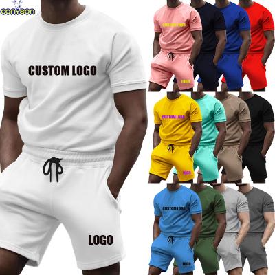 China Custom Conyson anti-pilling hot sale summer logo made short suit outdoor mens clothes pure color clothing two piece adult t-shirt shorts set for sale