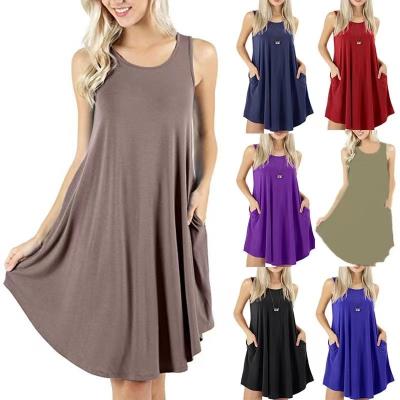 China Factory Wholesale Price Dry Cleaning Conyson Sleeveless With 0-Neck Pockets Fashion Solid Splicing Casual Swing Plus Size Loose Women's Dress for sale