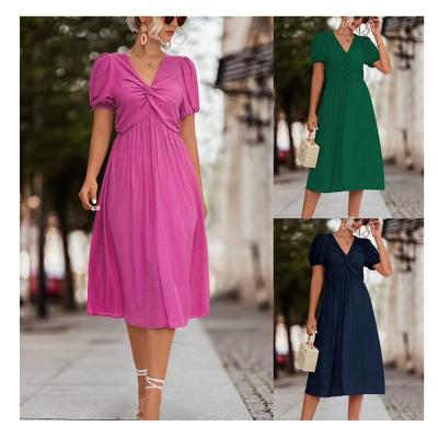 China Hot Wholesale Running Dry Cleaning Lots Conyson Spring Sleeveless Pleated Polyester Solid V-Neck Fashion Women Summer Ruffled Elegant Dress for sale