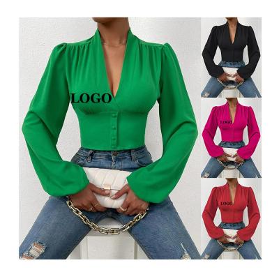 China Conyson New Autumn Design Spring Women's Blouses Women's Elegant Women's Breathable Sleeve Tops Tight Casual Blouses Urban V-Neck Blouses for sale