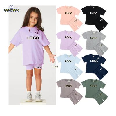 China Cotton Conyson Kids Solid Color Two Piece Biker Shorts Toddler Girls Set Summer Outfits Custom Kids Boutique Clothing Sets for sale