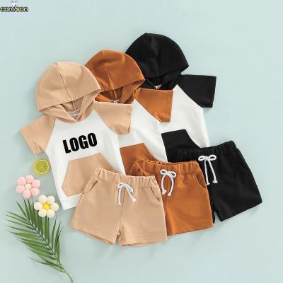 China Anti-Static Conyson Custom Logo Made Korea Designer Boutique Baby Boy Cotton Hoodie Shorts Clothing Suit Children 2 Pieces Clothing Set for sale