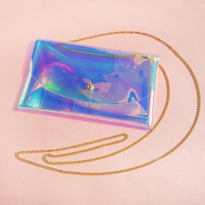 China Custom Clear Holographic Clear Cosmetic Pouch Clutch PVC Gold PVC Chain Shoulder Sling Plastic Cross - Body Bag For Women for sale