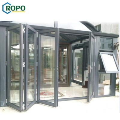 China 10 Year Warranty Storm Style American Aluminum Luster Style Aluminum Accordion Bifold Folding Door Waterproof Outdoor Double Frame for sale