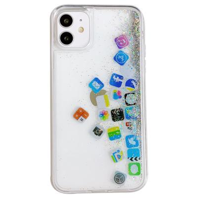 China Mobile phone shell anti shockproof net red water cooling liquid mobile phone shell quicksand app icon app silica gel overflowing drop for sale