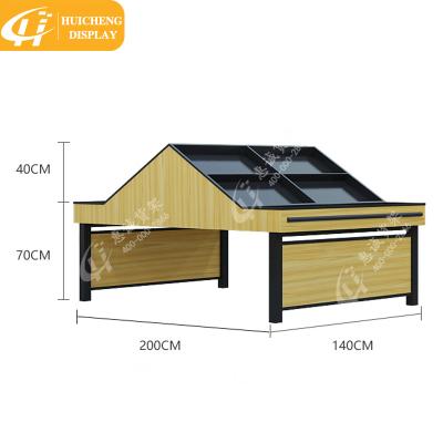 China Double Sided Supermarket Wooden Double Sided Racks Tilt Top Produce Display Table For Vegetables for sale