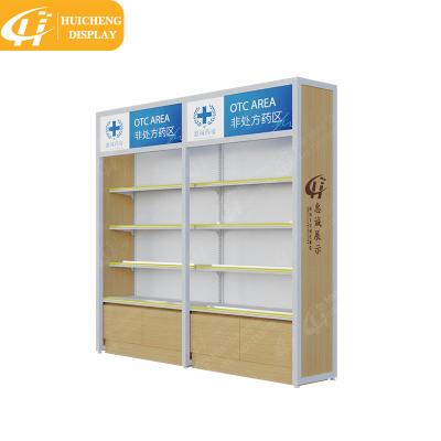 China China Supply High Fashion Customized Furniture Single Or Double Sided Wooden Pharmacy Shelves for sale