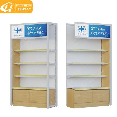 China Fashion Single Or Double Sided Metal And Wood Medical Pharmacy Display Rack Store Shelves for sale