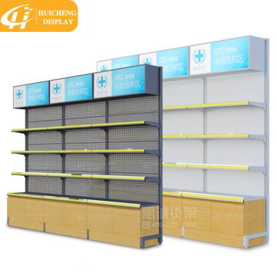 China Single or Double Sided Good Quality Pharmacy Shelves Interior Pharmacy Store Rack Design With Led Light for sale