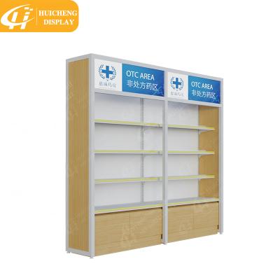 China White Metal Wall Shelving Pharmacy Shelves Medicine Shelf Single or Double Sided Wooden Single Side Display Stand for sale