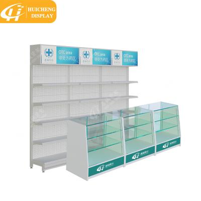 China Single or Double Sided Steel Pharmacy Shop Counter Design Pharmacy Display Racks Rack Furniture Pharmacy Display Stand for sale