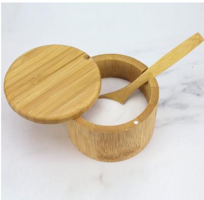 China 6 Ounce Minimalist Custom Capacity Wooden Lid Bamboo Salt Box With Spoon for sale