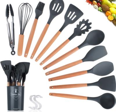 China Sustainable Food Grade Non-Toxic Heat Resistant 11 Pcs Silicone Handle Utensils Wooden Kitchen Dinnerware Set for sale