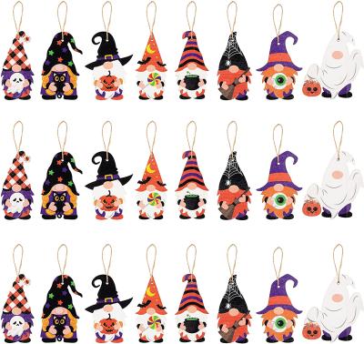 China Halloween WOODEN Theme Hanging Colorful Gnomes Ornament Wooden Gnome With Hat Tag Rope For Home Holiday Decorations Gift for sale