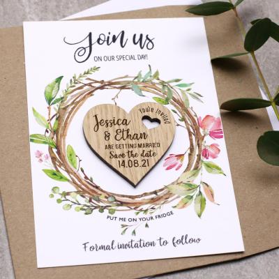 China Europe Personalize Names Date Engraved Wooden Card Save The Date Wedding Invitations Magnets Wooden Heart Magnet for sale