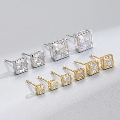 China Classic Minimalist 925 Sterling Silver Inlay Zircon Square News Personality Earrings Gold Plated TRENDY Korean Stud Earrings For Women for sale