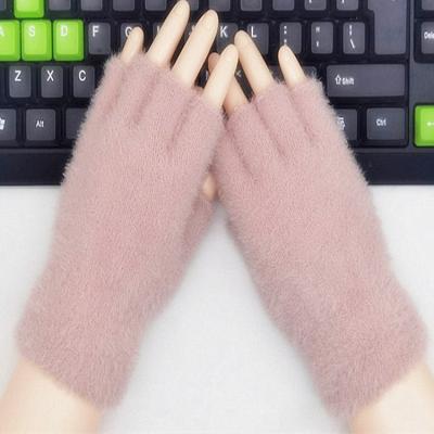 China Plain Faux Mink Half Finger Gloves Women Winter Warm Soft Knitted Reuse Fingerless Gloves Mittens Texts for sale