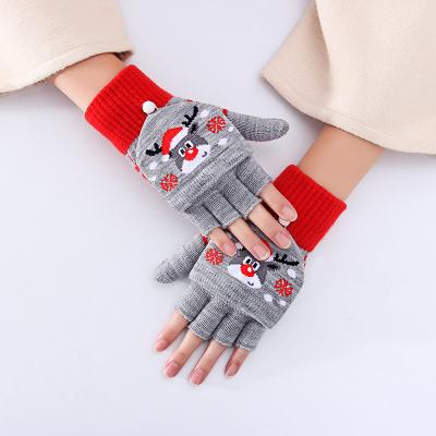 China Jacquard Women's Winter Half-finger Flip Top Gloves Thick Warm Knitted Christmas Cartoon Cute Fingerless Gloves Wholesale for sale