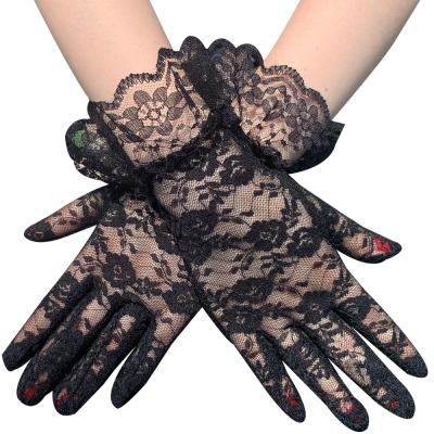 China Sexy Wrist Length Women Summer Wrist Length Lace Up Wedding Bridal Wedding Bridal Black Full Finger Gloves Sun Protection Gloves for sale