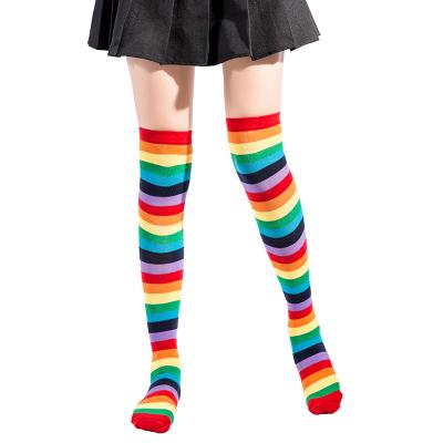 China 100% Cotton 100% Cotton Rainbow Stockings Colorful Striped Over The Knee Socks Women Fashion High Socks Party Christmas Carnival Tall Cotton Socks for sale