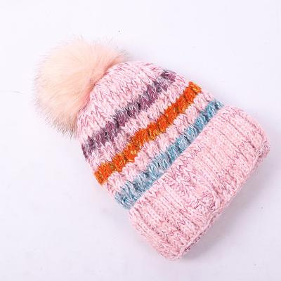 China Wool JOINT Beanies Winter Women Warm Knitted Hats Girls Ease Liner Thickened Double Stripe Slapped Skull Ski Caps With Pom Pom Hats for sale