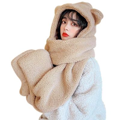 China COMMON 3 in 1 Multifunctional Fur Scarf Winter Hat Combo Girls Warm Cute Hats with Bear Ear Scarf Mittens Gloves Set Women for sale