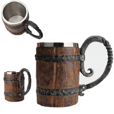 China Halloween Wooden Party Drinking Cup Unique Simulation Beverage Coffee Mug 304 Stainless Steel Resin Handle Beer Mug for sale