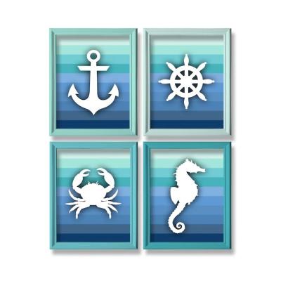 China China Nautical Nautical Wall Decor Nautical Nursery Decor Seahorse Crab Steering Wheel Beach Bedroom Art Set of 4 for sale