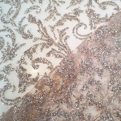 China Viable; Fashion Glue Glitter Water Soluble Top Dress Fabric French Lace For Rose Gold Wedding Dress Nigerian Tulle Geometric Sequin Material for sale