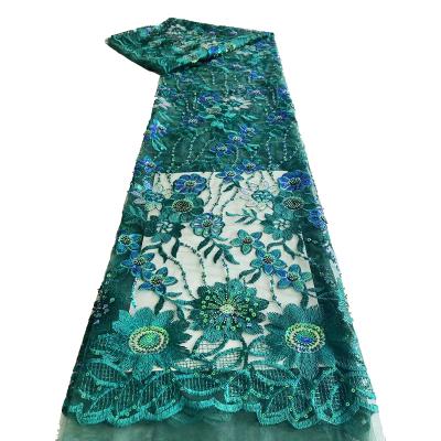 China Sustainable Green Beaded Lace Fabric Beaded Sequined Lace Fabric for sale