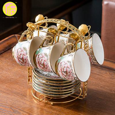 China Viable Wholesale Viable Flower White Opal Cappuccinos Gold Souvenir OUFU Porcelain Cup Set Reusable Ceramic Tea Coffee Cups and Saucers for sale