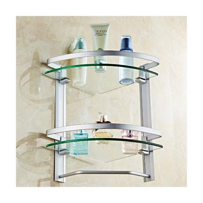 China Modern Aluminum Tripod Shelf Double Bathroom Shelf Wall Hanging Bathroom Glass Toilet Shelf for sale