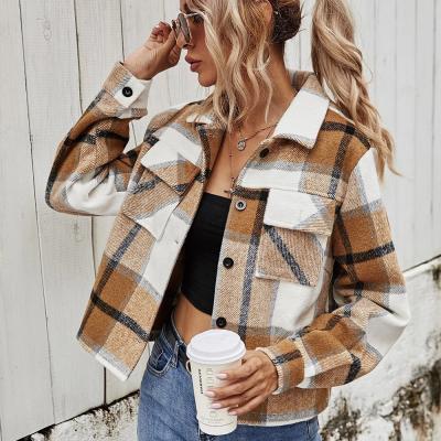 China Women's Casual Plaid Jacket Button-Front Shirt Breathable Wool Corpped Shacket Overshirt Long Sleeve Shirt for sale