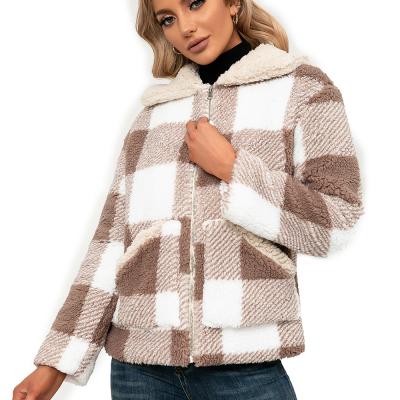 China Wholesale Winter Reversible Zipper Up Shacket Wool Plaid Turn Down Collar Women Plaid Sherpa Fleece Jacket for sale