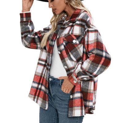 China 2022 Customs Plaid Reversible Casual Button Down Long Shirt Shacket Wool Blend Sleeve Lapel Jacket Coat For Ladies for sale