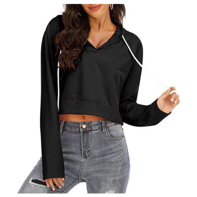 China Amazon Viable Hot Women Cropped Long Sleeve Hoodies Casual Pullover Crop Top Deep V-Neck Sweatshirt for sale