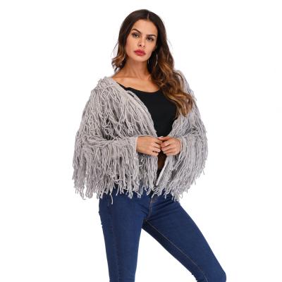 China Fringe Anti-Shrink V-Neck Tassel Long Sleeve Solid Color Short Coat for sale