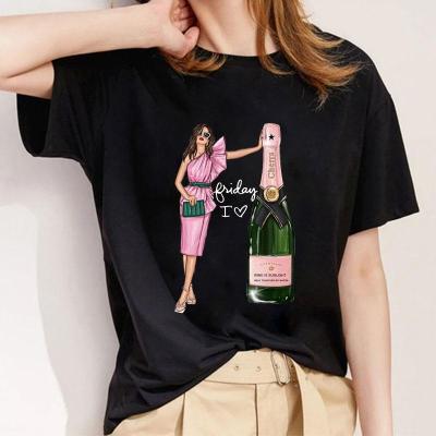 China Customized Viable Women Summer T Shirts Black Graphic Stitches Casual Loose Crew Neck Blouse Tops for sale