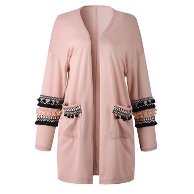 China Women's Front Drape Cardigan Sweater Tassel Open Anti-Shrink Barred Knit Cardigan for sale