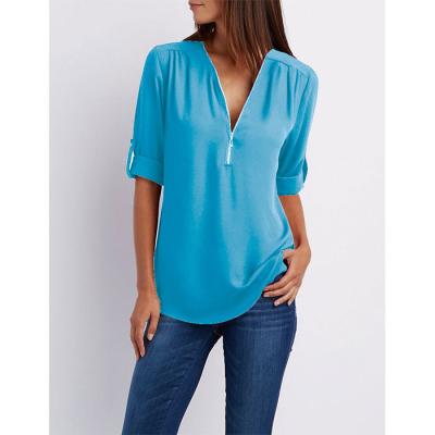 China High Quality Viable Longsleeve V Neck Zipper Relaxed Woman Chiffon Blouse for sale