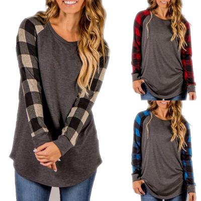 China Wholesale Anti-Shrink Raglan Sleeve Women's Casual Shirt Autumn Crew Neck Spring Plaid Sweatshirt for sale