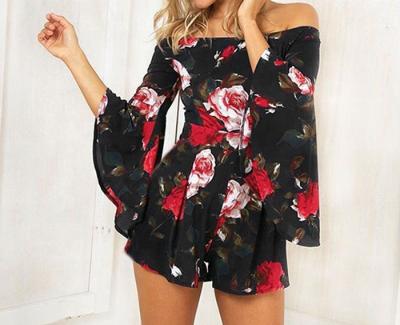 China Anti-Static Wholesale Floral Printed Flare Sleeve Off The Shoulder Siamese Pants Summer Short Overalls for sale