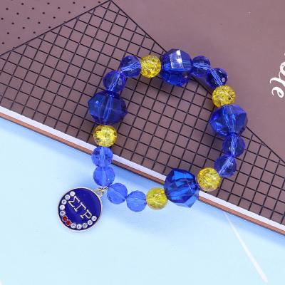 China Eco-Friendly Handmade Elastic Fit Beaded Blue Yellow Beads Greek Soror Nine Service Club Sigma Rho Gamma Pendant Bracelets For Women for sale